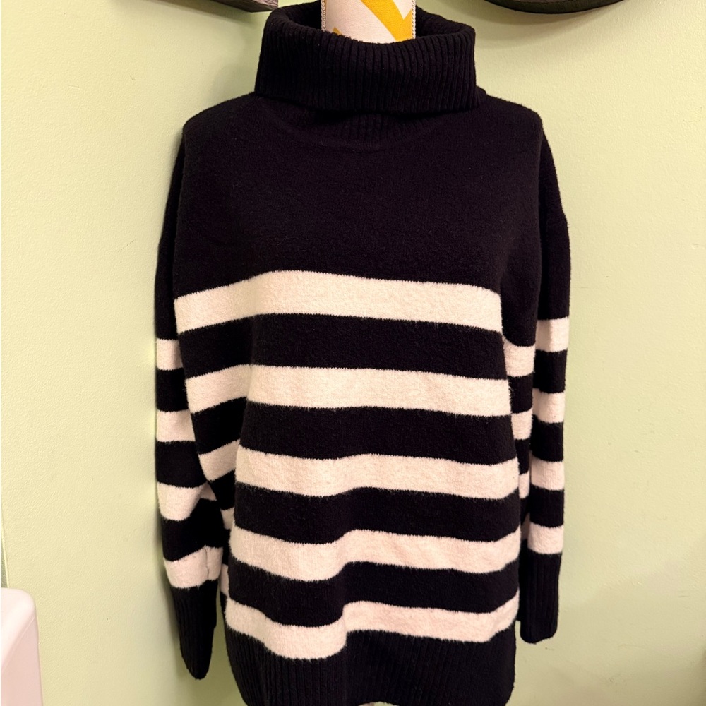Nine West Black and White Striped Turtleneck Sweater